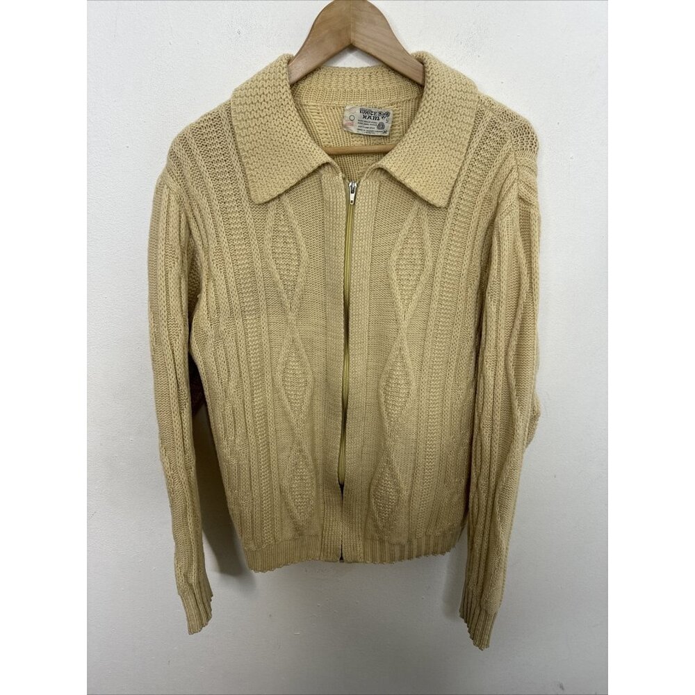 Vintage White Ram Cable Knit Woman M Wool Cardigan Zip Fisherman 70s